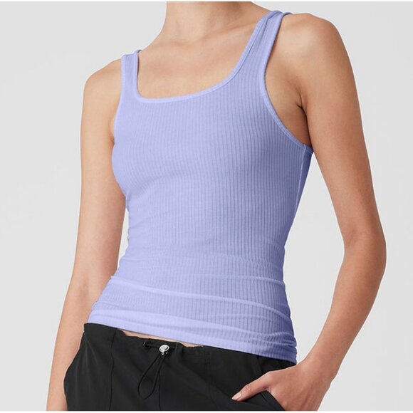 ALO Yoga Tops - Alo Ribbed Sea Coast Scoop Neck Tank Lilac Blue Semi-Sheer Stretchy Ribbed Top S